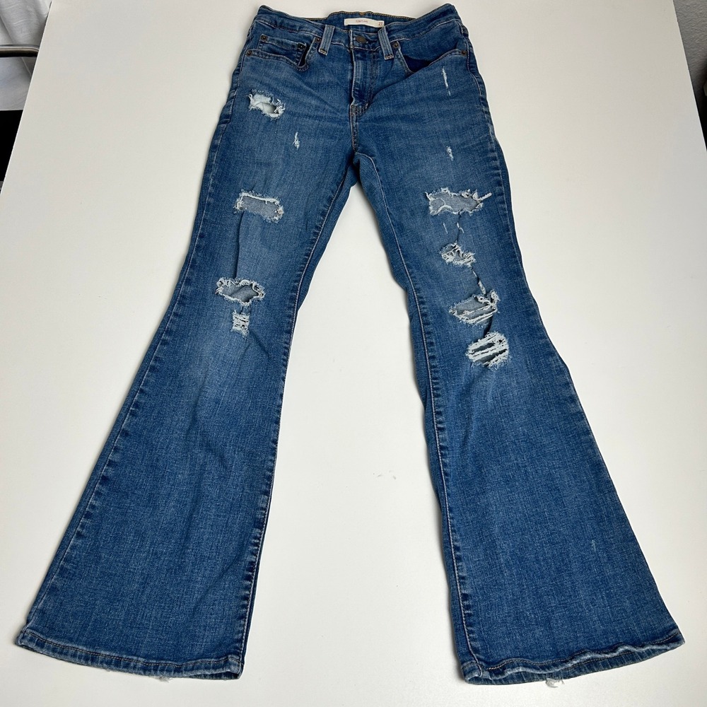 Levis 726 High Rise Flare Jeans Distressed Ripped Denim Blue 27